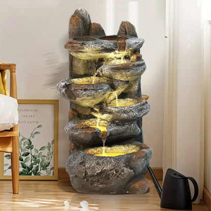 Outdoor Water Fountain 6-Tier Cascading Garden Fountain with LED Lights, Pump & Rocky Peak Decor