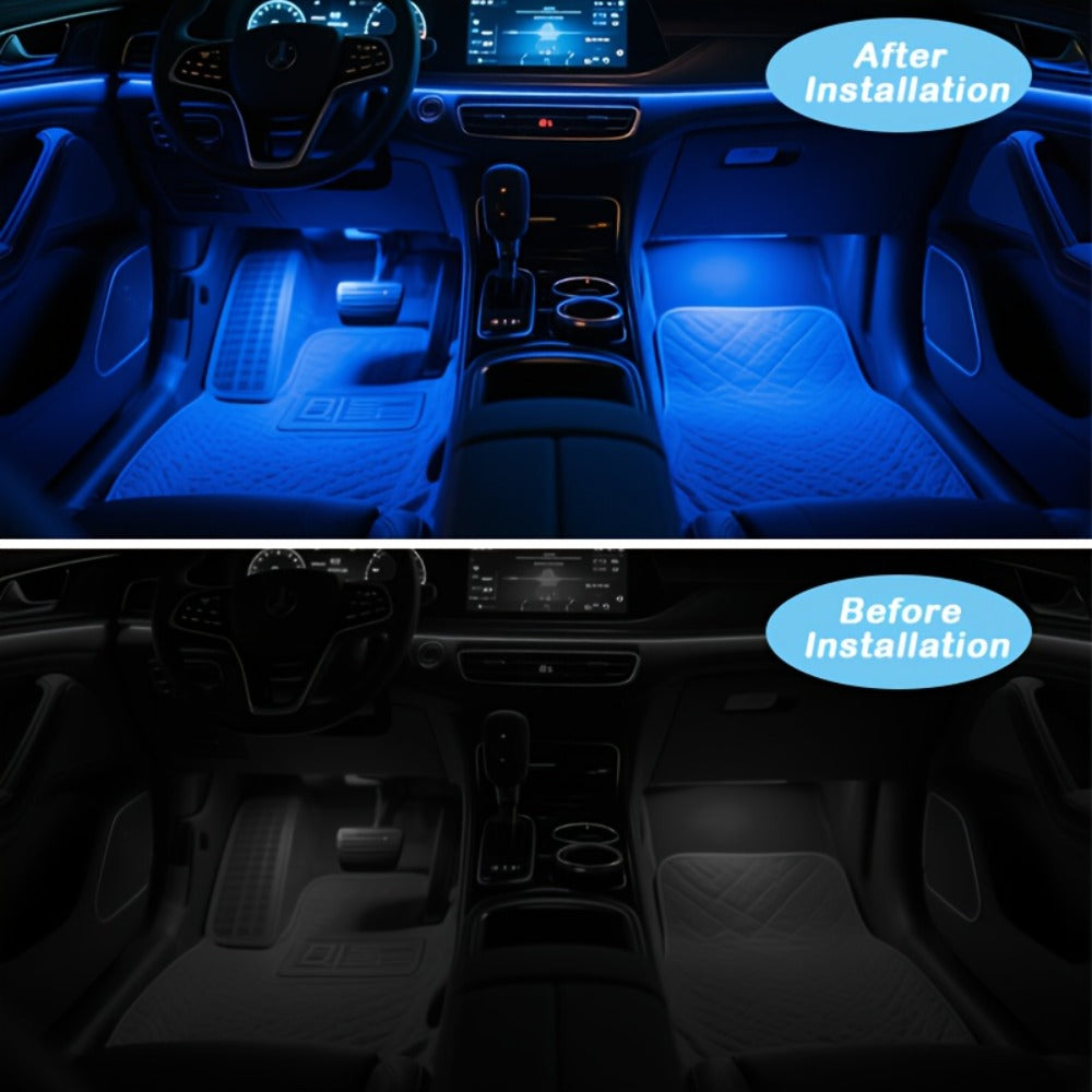 Car Interior Footwell Light Kit with Four Pictured Bars, App and Remote Control, Music-Responsive Color Modes