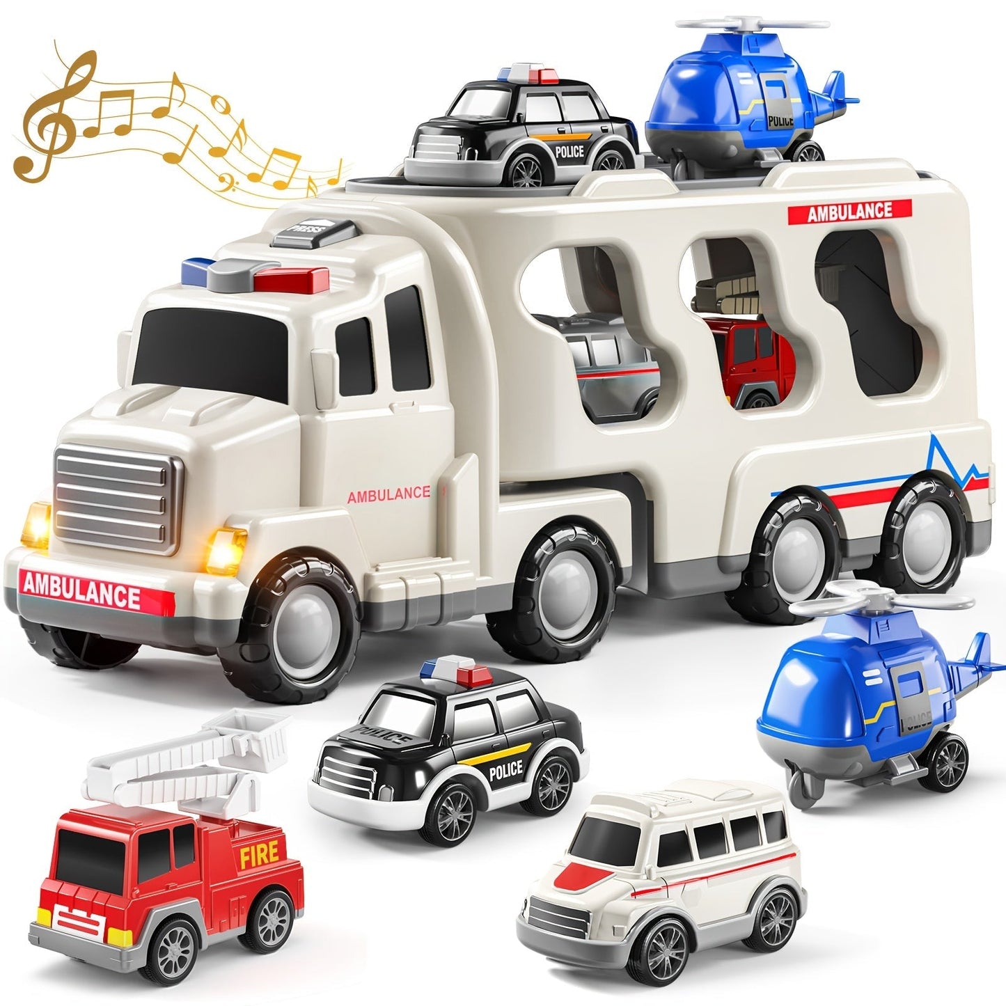 Ambulance Carrier Truck Toy Set 5-in-1 with Light & Sound for Kids Ages 3-8 with the Listed Color, Size or Set Options for Everyday Use