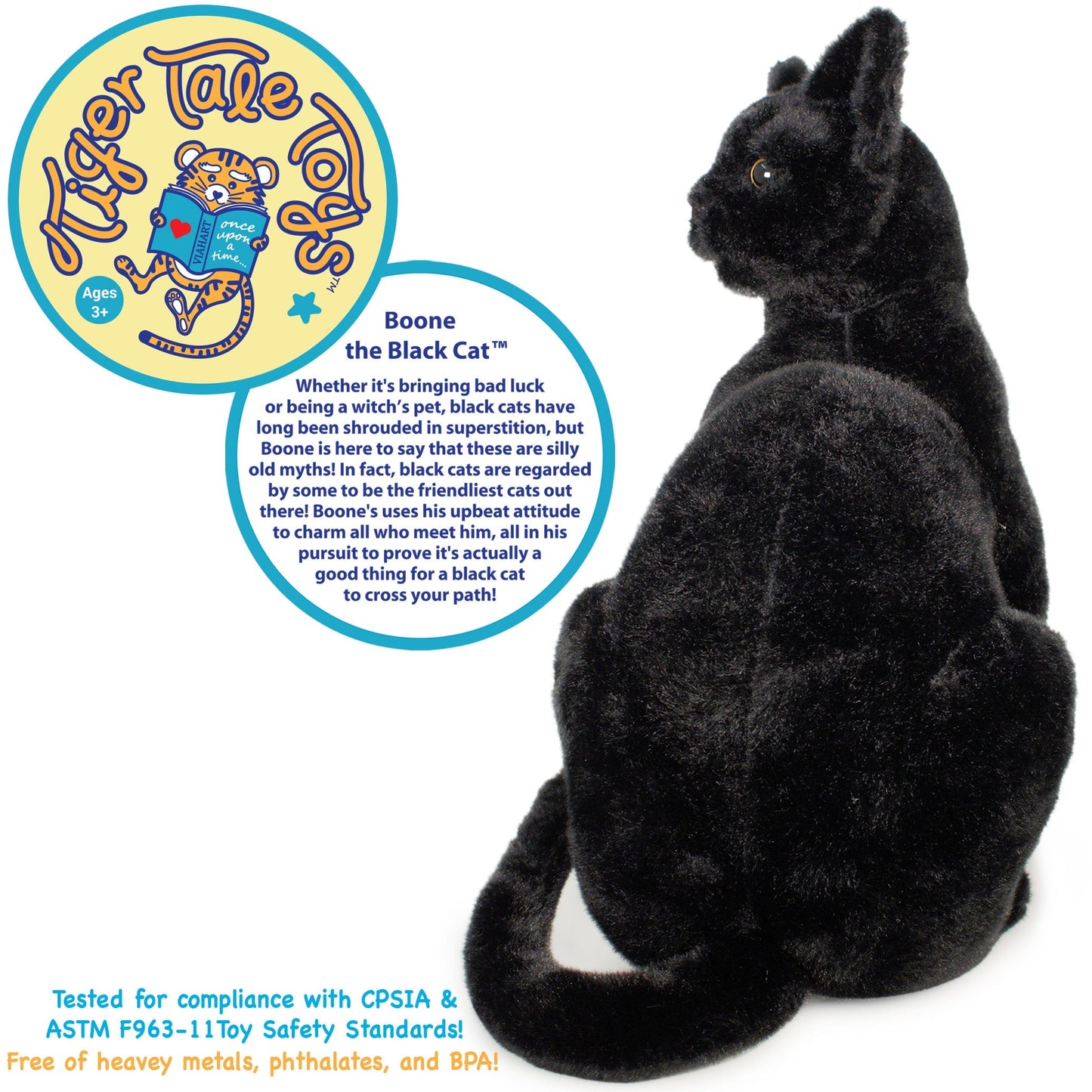 Plush Toy Boone Black Cat 13-Inch Sitting Kitty with Green Eyes for Shelf or Room Display for Character Display, Room Decor and Gift