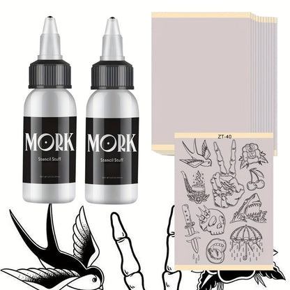 Tattoo Stencil Transfer Kit, 2x Transfer Gel, 10x A4 Blank Thermal Stencil Paper & 1x Pre-Drawn Pattern Sheet