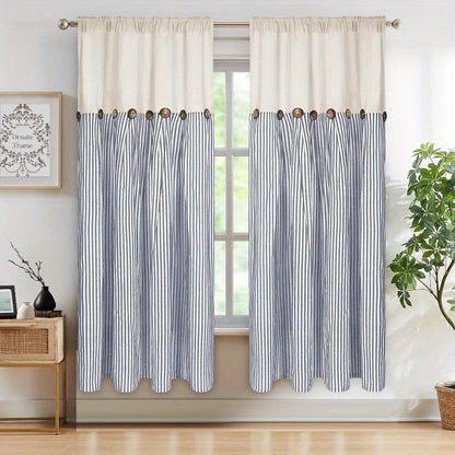 Striped Patchwork Window Curtain Set with Rod-Pocket Top, Six Colors and Five Panel-Count or Size Options