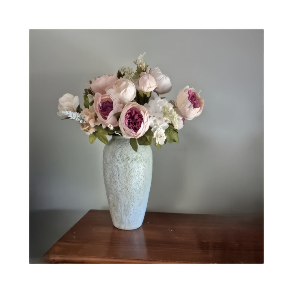 Faux Peonies Hydrangeas Artificial Flowers Vintage Silk Bouquet – Pink Green Mix Floral Centerpiece for Bridal Wedding Home Table Decor