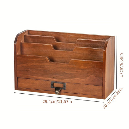 Wooden Desktop File Organizer with Drawer – Multi-Compartment Document Storage Rack for Office, Home & Study