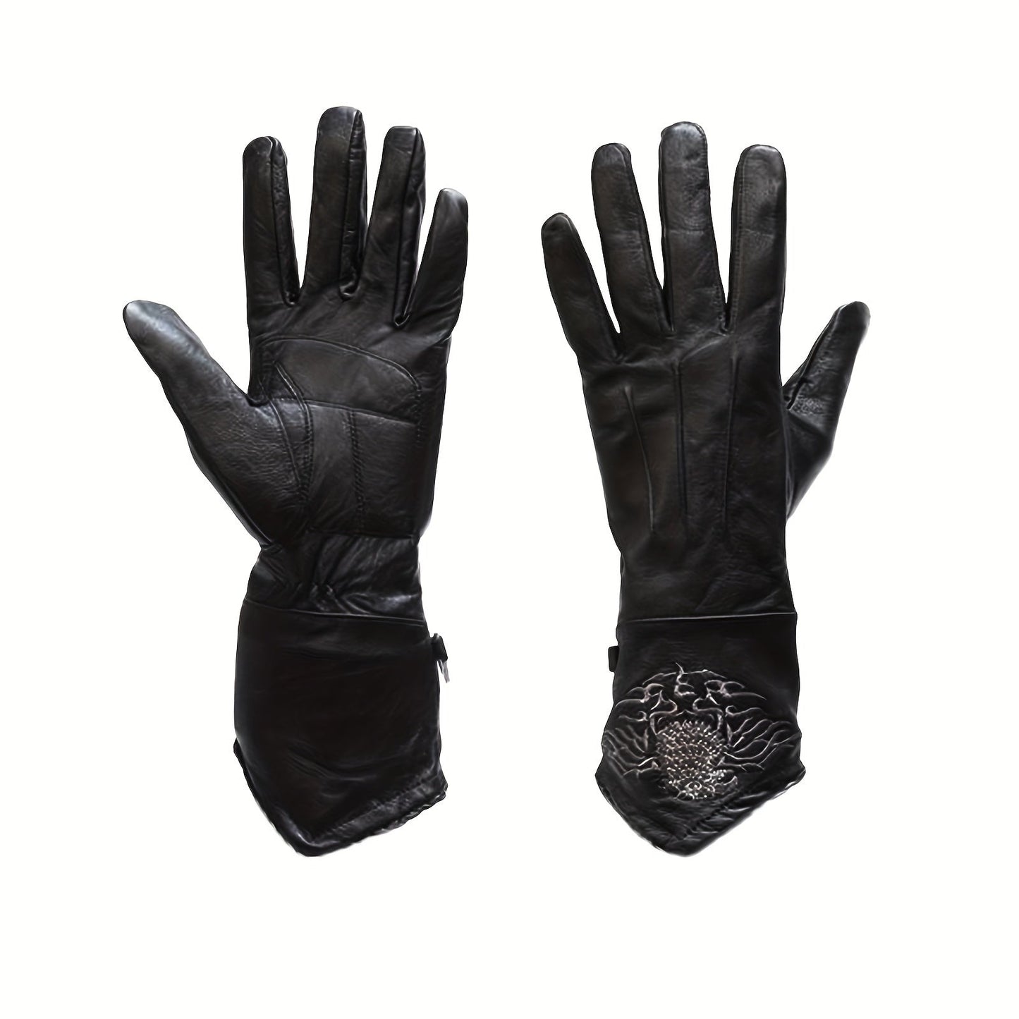Black Full-Finger Motorcycle Gloves with Long Gauntlet Cuffs, Stitched Eagle Motif and Five Sizes
