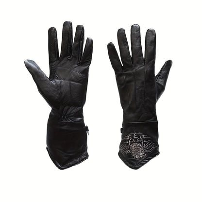 Black Full-Finger Motorcycle Gloves with Long Gauntlet Cuffs, Stitched Eagle Motif and Five Sizes
