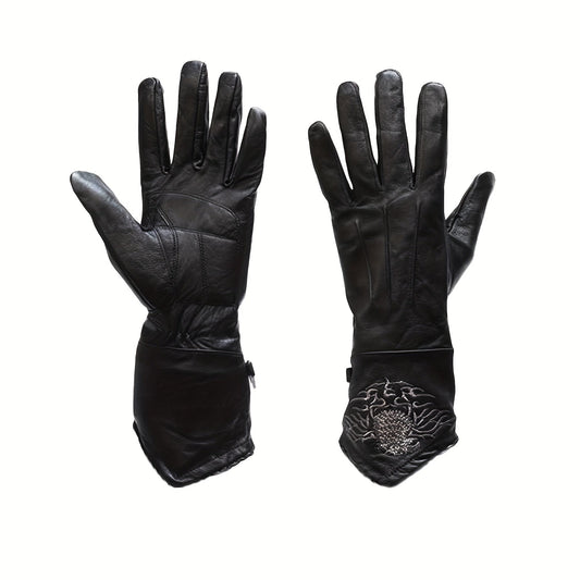 Black Full-Finger Motorcycle Gloves with Long Gauntlet Cuffs, Stitched Eagle Motif and Five Sizes