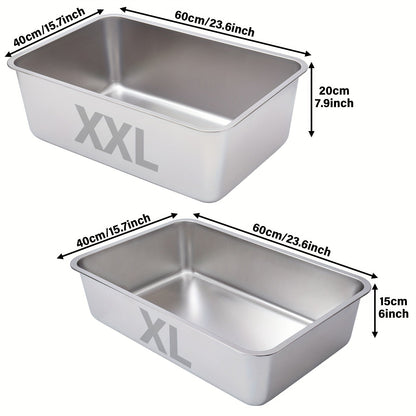 2-Pack Stainless Steel Cat Litter Box Pans with Open-Top Rectangular Design in M, XL or XXL Sizes