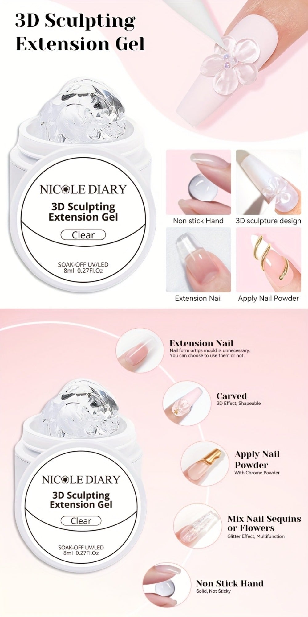 3D Sculpting Builder Gel Kit with Carving Pen – Clear & White Nail Extension Gel for Floral Nail Art, Acrylic Extensions & DIY Salon