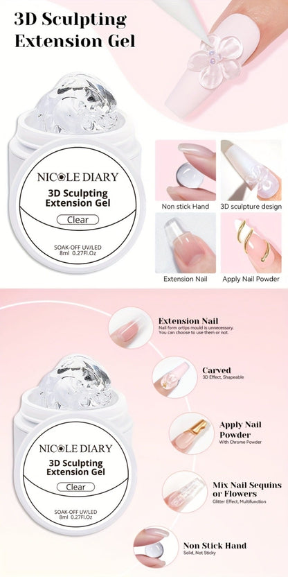 3D Sculpting Builder Gel Kit with Carving Pen – Clear & White Nail Extension Gel for Floral Nail Art, Acrylic Extensions & DIY Salon
