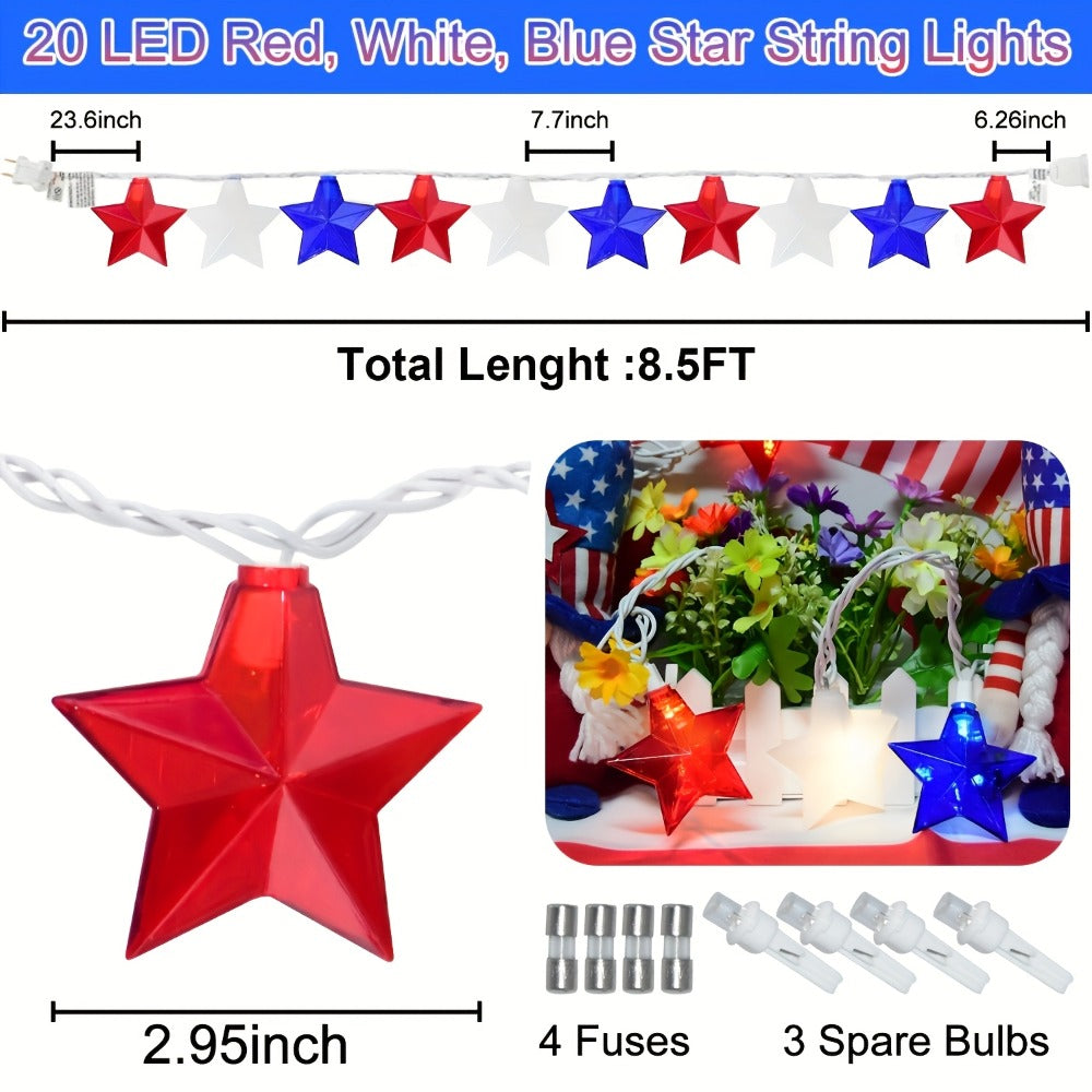String Lights, Red White and Blue Star Lights with Plug-In Power, 8.5- or 12-Foot Length and 10 or 20 LEDs