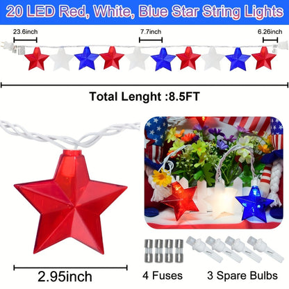 String Lights, Red White and Blue Star Lights with Plug-In Power, 8.5- or 12-Foot Length and 10 or 20 LEDs
