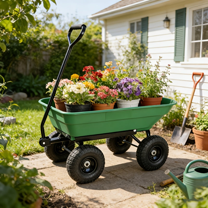 Garden Dump Cart 4-Wheel Steel Frame Poly Bed Quick-Release Dump Feature Foldable D-Handle Yard Wagon for Landscaping Lawn