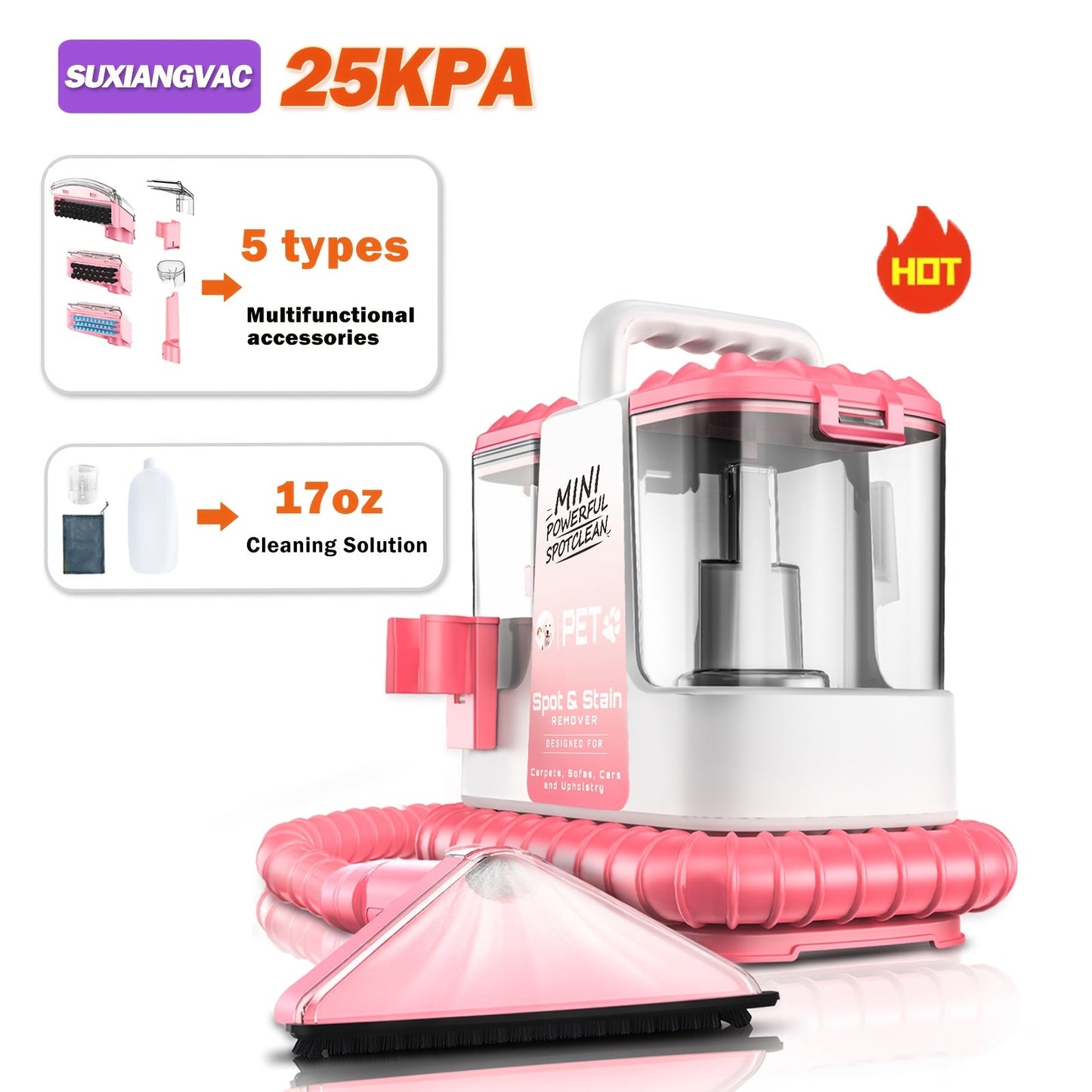 Portable Carpet Cleaner 25Kpa Upholstery Cleaner Machine with Dual Brush Heads Self-Cleaning for Entryways, Bedrooms and Living Spaces