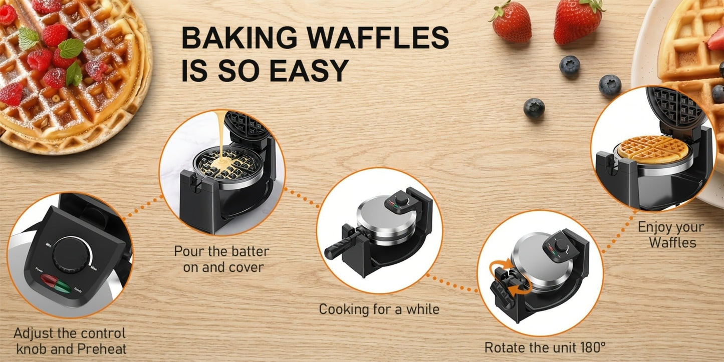 Rotating Waffle Maker with Round Plates, Browning Dial and Silvery, Double-Iron or Black-and-White Options