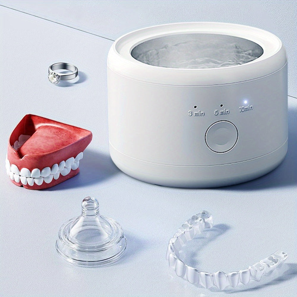 Electric Ultrasonic Cleaner Machine for Dentures Jewelry & Glasses – USB Rechargeable 3 Speeds Auto Timer 180ml Tank One-Touch Portable