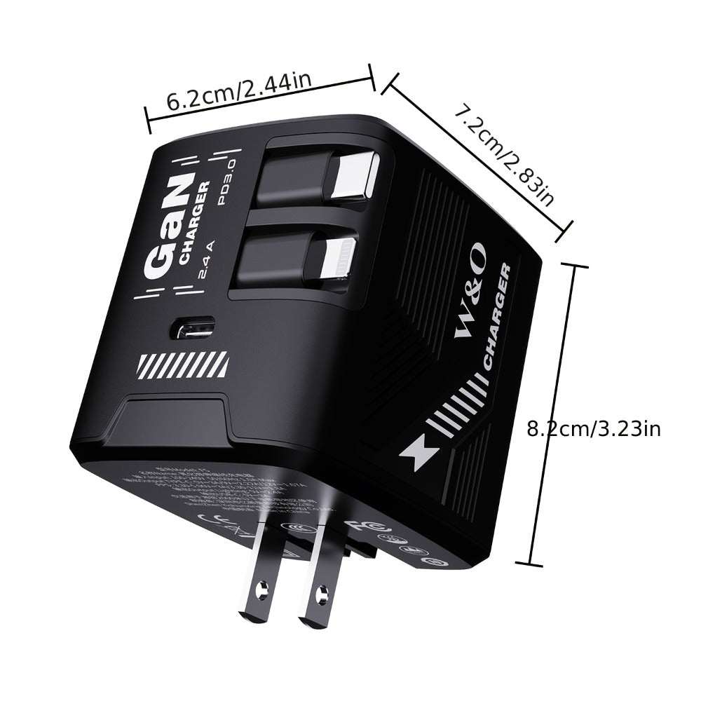 GaN Charger 120W with Lightning & Type-C Retractable Cables 47in, Foldable Plug USB-C Wall Adapter