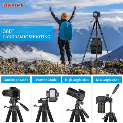 74-Inch Aluminum Camera Tripod in Black with Three-Way Pan Head, Two Quick-Release Plates, Phone Clip and Carry Bag