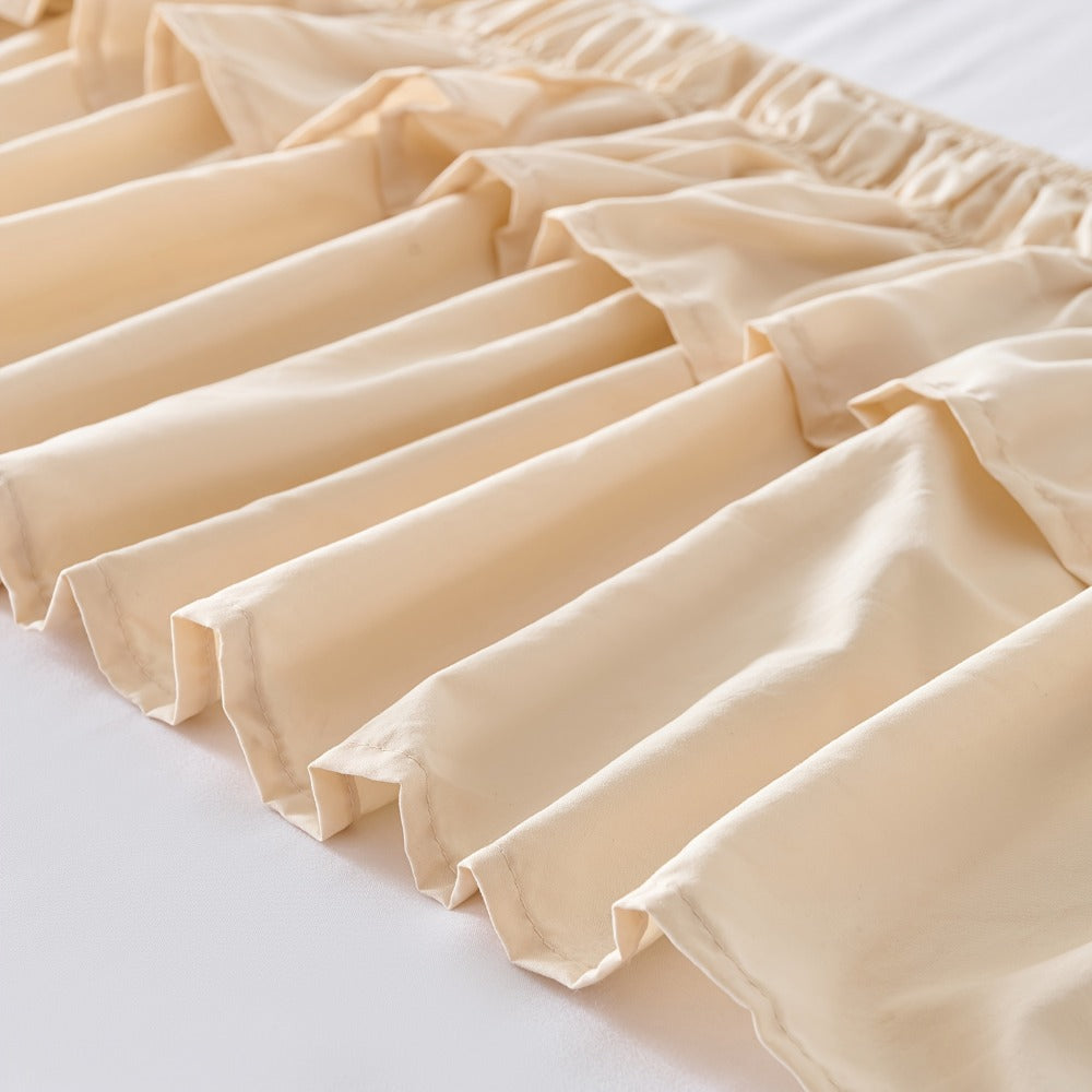 Double Ruffle Bed Skirt 16" Drop, Elastic Wrap Around Dust Ruffle for Twin Full Queen King Bed, Easy Install Linen Poly Blend Bedskirt