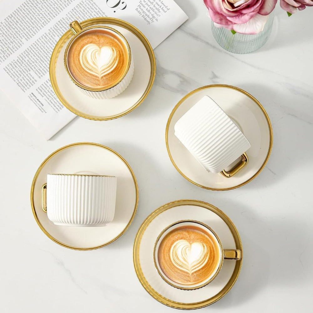 Ceramic Cappuccino Cups with Saucers Set of 6 – 8oz Coffee Mugs with Golden Trim, Latte Art Cups for Espresso Mocha