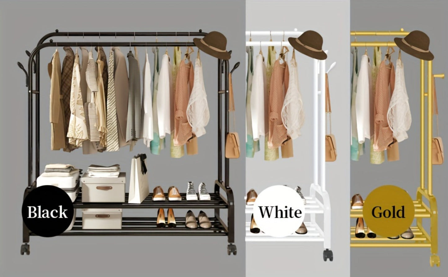 Double Rod Clothes Rack with Wheels Metal Garment Rack with Shelves and Hooks Portable Closet Organizer for Bedroom Living Room Gold