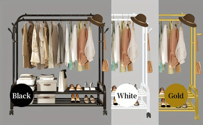 Double Rod Clothes Rack with Wheels Metal Garment Rack with Shelves and Hooks Portable Closet Organizer for Bedroom Living Room Gold