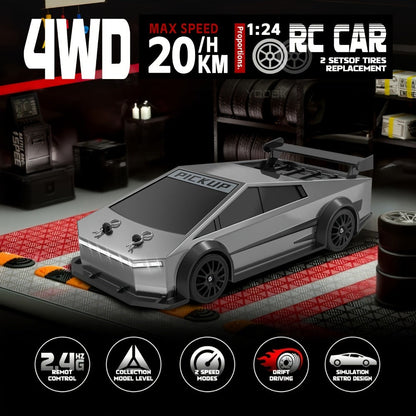 Remote Control Car, DeLorean-Style 1:24 4WD Drift Model with LED Lights, Racing Tires and Two Color Options