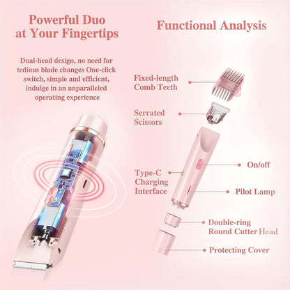 Electric Hair Trimmer for Women Dual Head IPX7 Waterproof USB Rechargeable Painless Bikini Trimmer Face Body Shaver Arms Legs Underarm