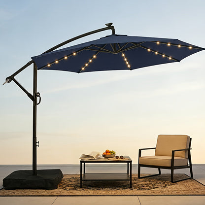 Patio Umbrella 10FT Offset Cantilever Solar LED Style with Tilt, Crank and 16 Base-Choice Color Options