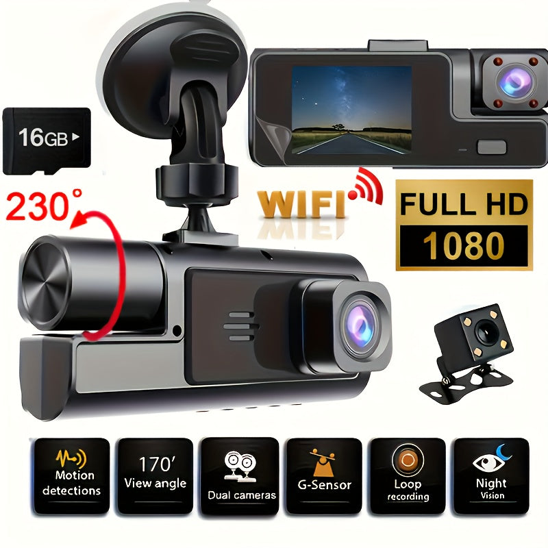 1080P-Labeled Dash Camera with Dual- or Triple-Lens Options, WiFi and 16GB, 32GB or No-Card Bundles