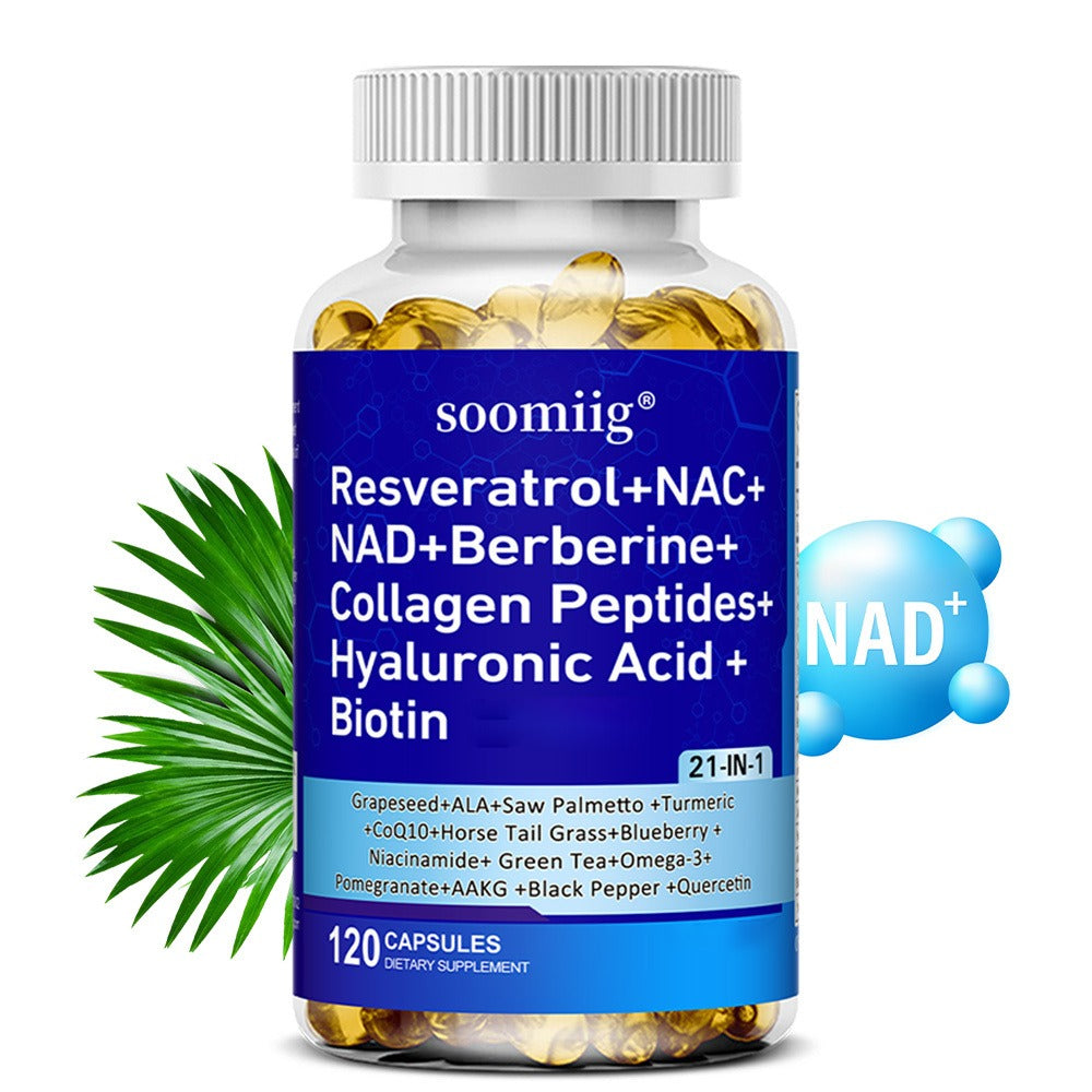 Resveratrol & NAC Supplement 120 Capsules with NAD, Collagen Peptides, Hyaluronic Acid, CoQ10, Quercetin & Omega-3