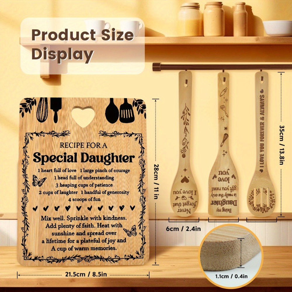 Engraved Bamboo Cutting Board Gift Set for Daughter, Recipe for a Special Daughter Kitchen Utensil Set