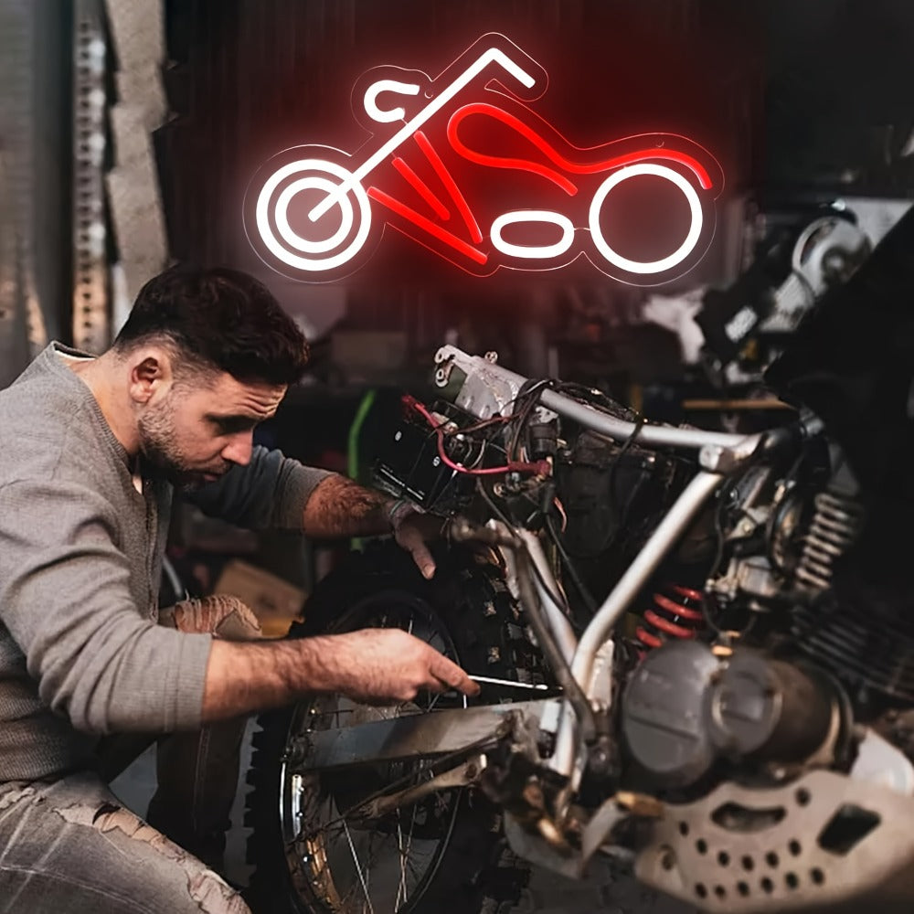 Motorcycle Outline LED Neon Sign with 41 x 22 cm Panel, 5V USB Power, Chain and Adhesive Hooks