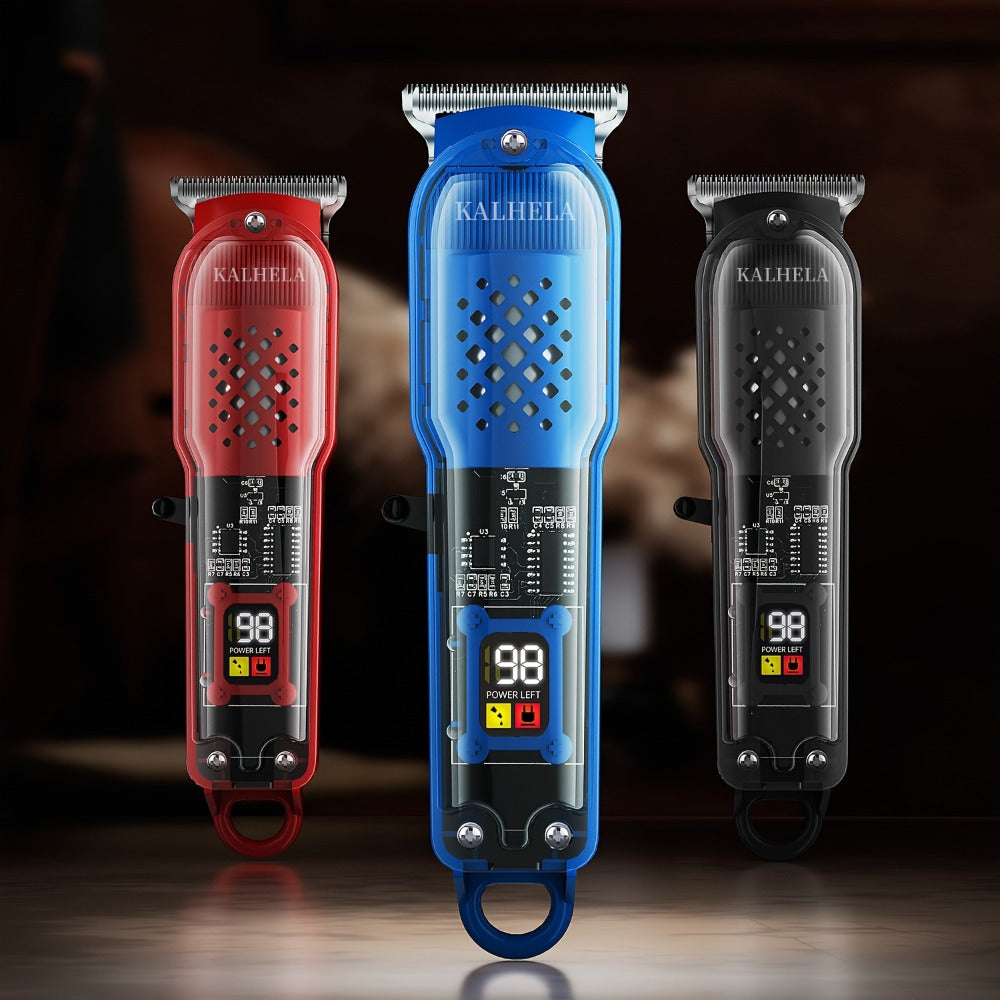 Transparent Electric Hair Clipper with Digital Display, Four Guide Combs, Grooming Tools and Red, Black or Blue Finish