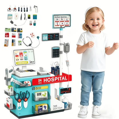 Doctor Play Set for Kids 49 PCS, Role Play Medical Station & Cashier Toy Kit for Boys Girls, Pretend Doctor Nurse Cashier