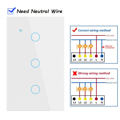 White Glass WiFi and Bluetooth Touch Wall Switch with One- to Four-Gang US-Style Options and Neutral-Wire Wiring