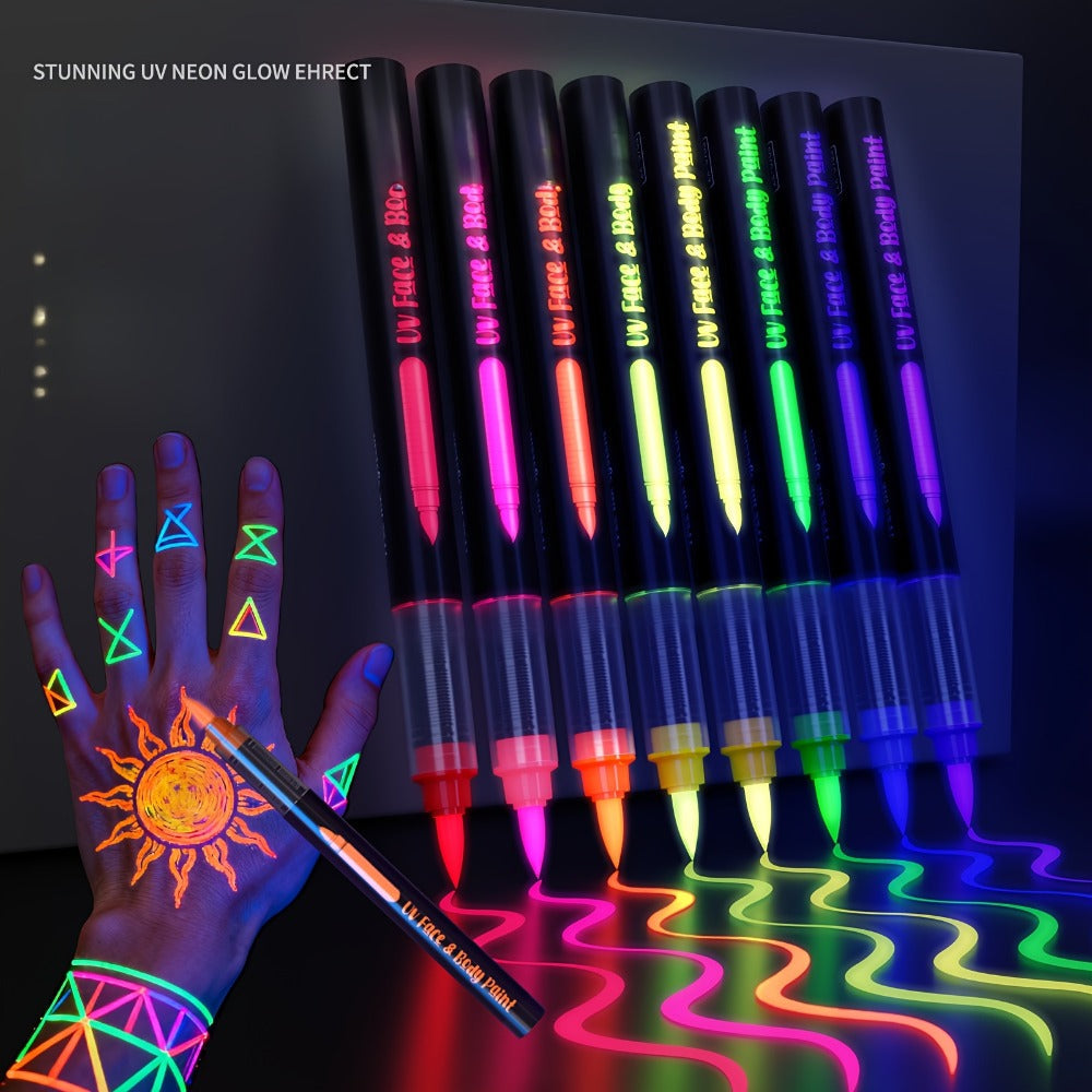 Face Body Paint Pen Set 8 Colors with 105 Tattoo Stencils, Glow in the Dark Neon UV Blacklight Face Paint