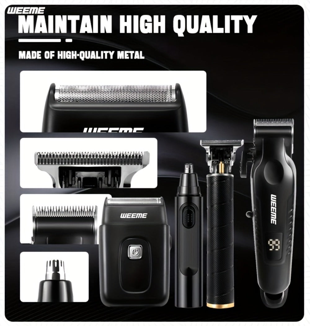 Zinc Alloy Men's Grooming Kit – USB Rechargeable Hair Clipper, Nose Trimmer, Electric Shaver & Detail Trimmer Set, 3500mAh Battery