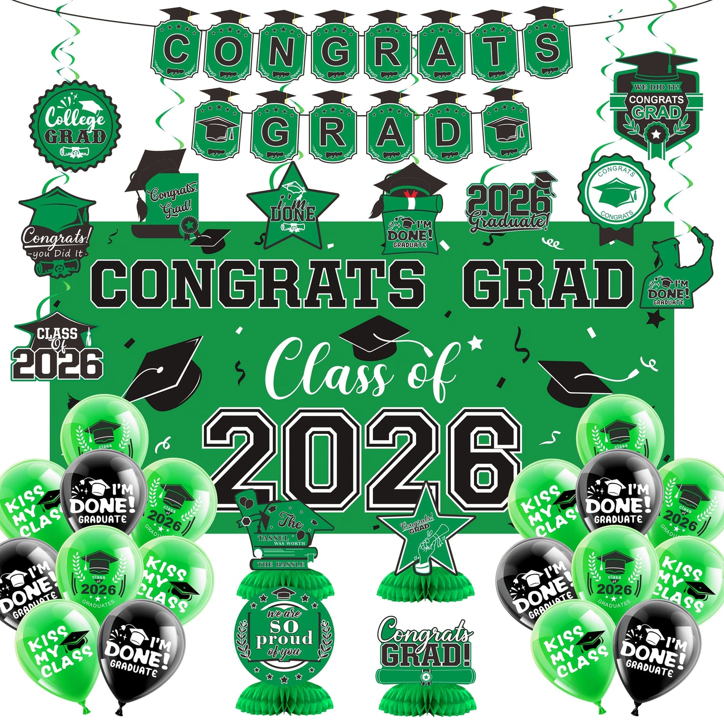Class of 2026 Graduation Decoration Set with Letter Banner, Hanging Pieces and Six Color Options