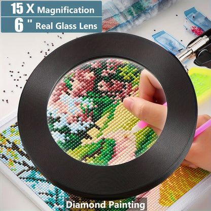 15X Magnifying Lamp with Clamp & Flexible Arm, USB LED Desk Light, 3 Color Modes 10 Brightness Levels