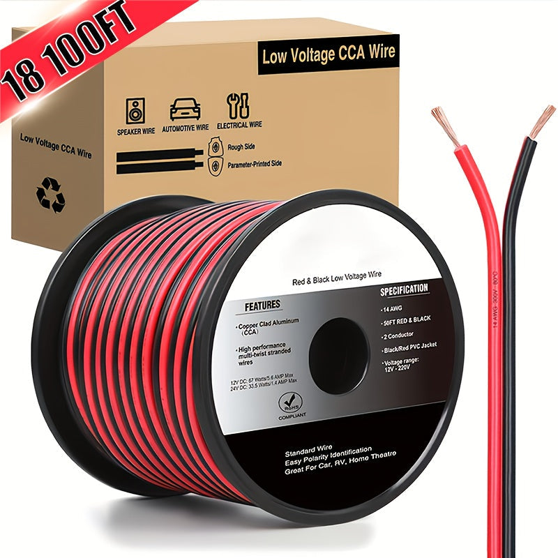 CCA Speaker Wire 16AWG – Red & Black Copper Clad Aluminum 2-Conductor DC Cable for Car Audio, Radio, Amplifier & Home LED Strip Lights