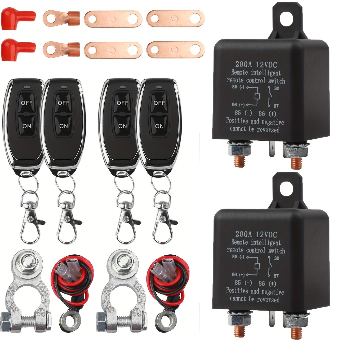 Two-Piece Remote Battery Disconnect Relay Set with Paired Key Fobs, Cable and Terminal Accessories