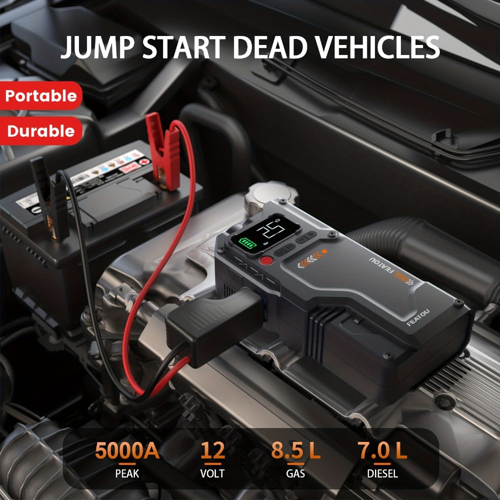 Jump Starter with Air Compressor 5000A/7000A Peak – 150PSI Digital Tire Inflator, Portable Battery Pack for 10L Gas & Diesel