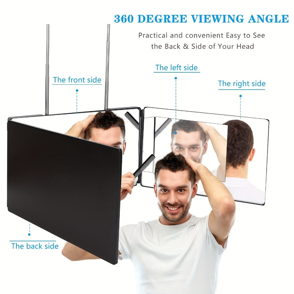 Self Hair Cutting Mirror 360° View 3-Way Anti-Fog HD Glass with 10X Magnifying Mirror – Height Adjustable Door Wall Table Mount DIY Home