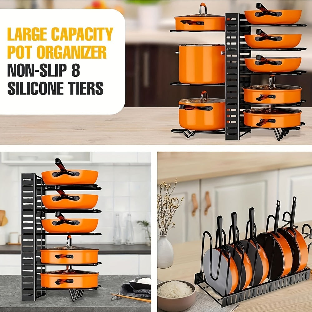 Eight-Tier Pot and Pan Organizer Rack in Black with Side Cookware and Lid Positions, One- or Two-Piece Sets