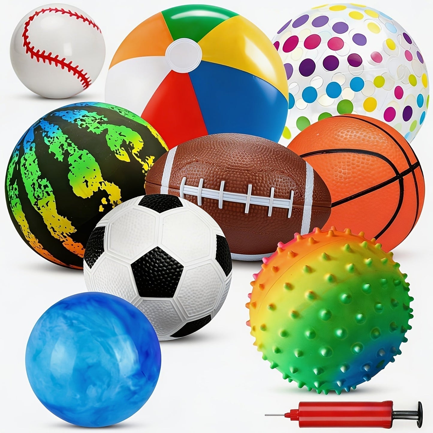 Kids Playground Balls Set 9 Pack with Air Pump – Inflatable Assorted Sports Balls for Outdoor & Indoor Play | Soccer, Basketball, Football