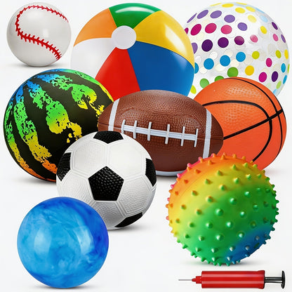 Kids Playground Balls Set 9 Pack with Air Pump – Inflatable Assorted Sports Balls for Outdoor & Indoor Play | Soccer, Basketball, Football