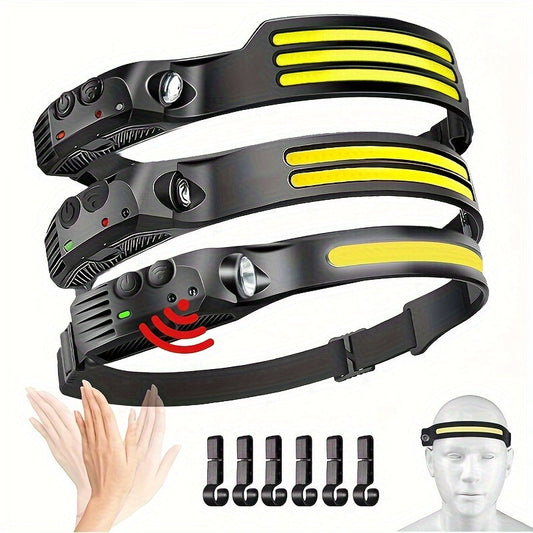 Three-Pack COB and LED Headlamps with 230° Beam, Five Modes, Motion Sensor and Six Hooks Included