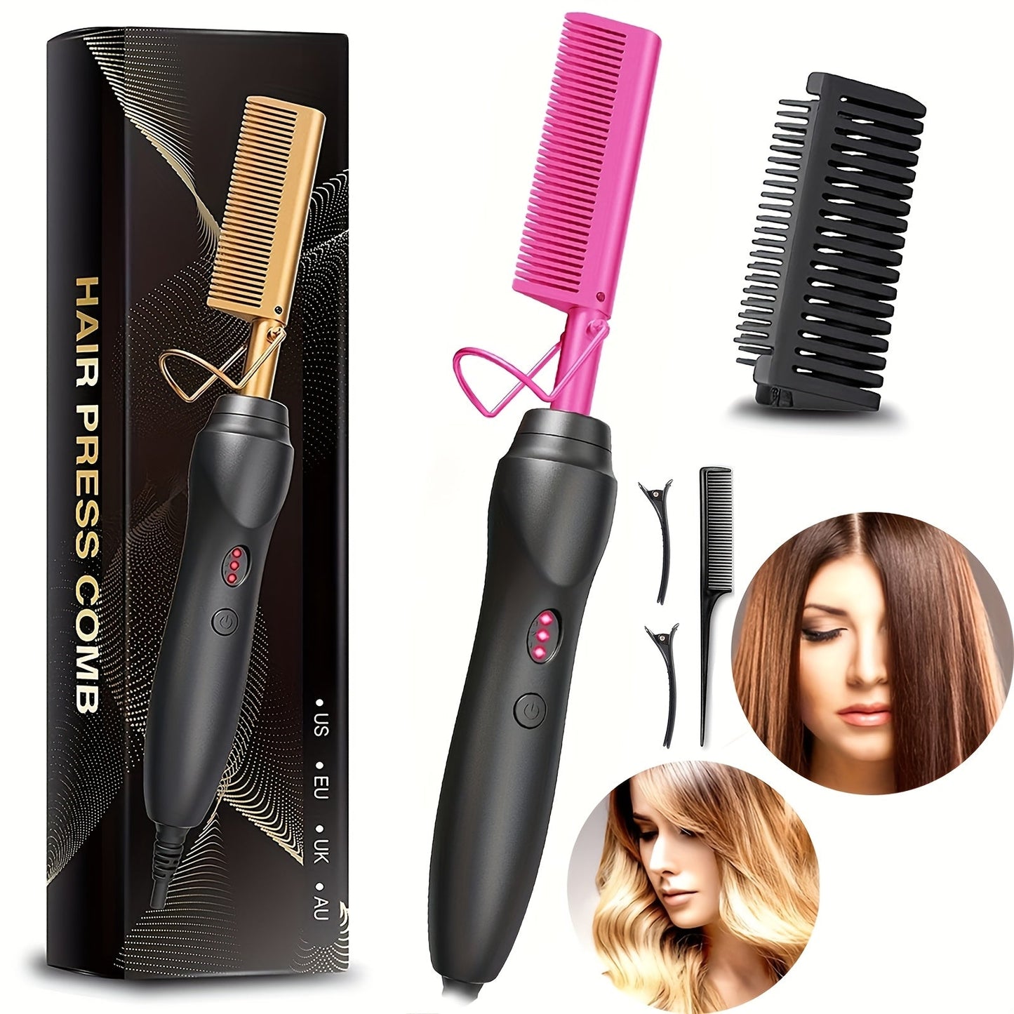 Electric Press-Comb Hair Straightener in Pink, Gold, Black, Gradient or Avocado Green with Corded Handle