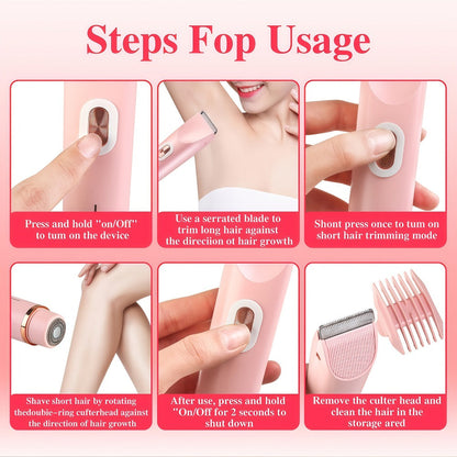Electric Hair Trimmer for Women Dual Head IPX7 Waterproof USB Rechargeable Painless Bikini Trimmer Face Body Shaver Arms Legs Underarm